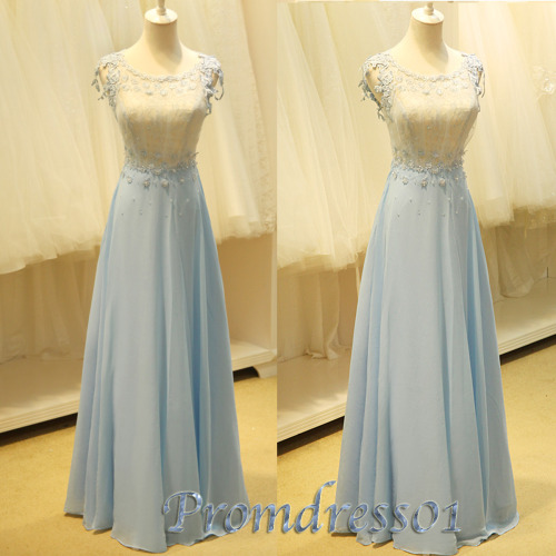 2015 cute light blue chffion long handmade prom dress