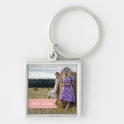 Best Mom Mothers Day White Pink Banner Photo Keychain