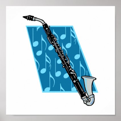 Bass Clarinet with Blue Background and Music Notes Posters