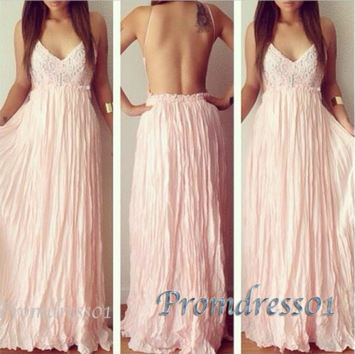 2015 pink chiffon backless long prom dress