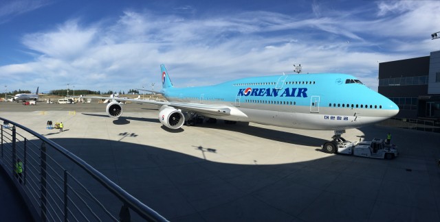 Korean Air's new 747-8I glistening during delivery