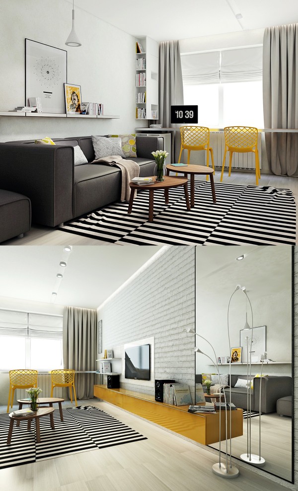 Here's another way to use that trendy bright yellow color, giving this living room a mod feel.