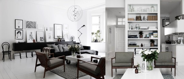 Black, white, gray, and natural wood give this living room a sophisticated air that could be straight out of another era.