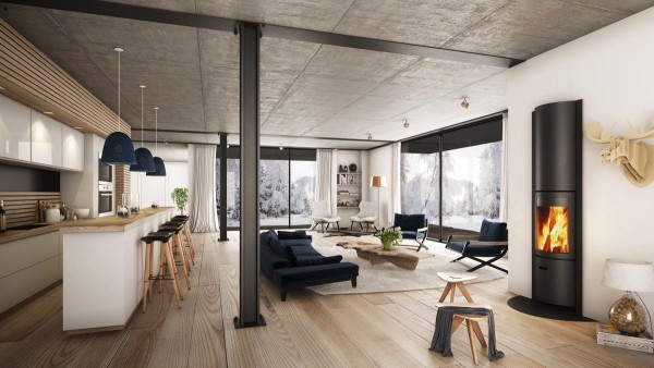 Natural wood against concrete is the epitome of warm industrial.