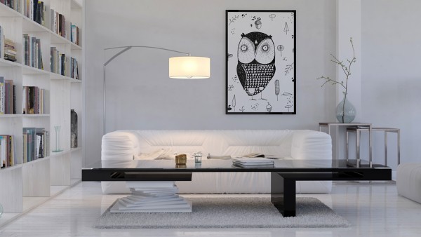 The minimalism of this style is offset by the whimsy of the oversized owl drawing.