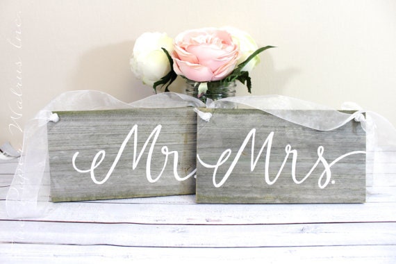 Mr. and Mrs. Wooden Signs - Natural Oak - Chair Signs or Photo Props - Rustic Weddings - (WD-44)