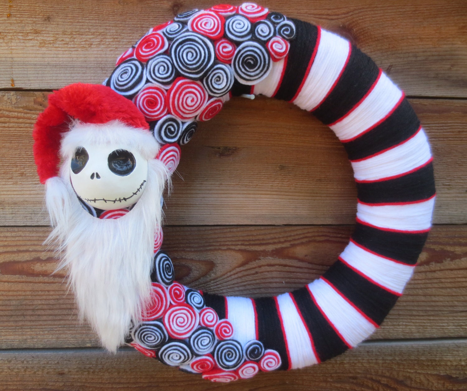 Jack Skellington as "Sandy Claws" The Nightmare Before Christmas 14", yarn wrapped, felt holiday wreath