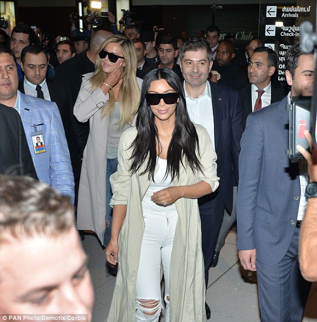 Total pro: You'd never have guessed Kim spent the flight in cramped economy class as she touched down at Zvartnots Airport in Yerevan, Armenia 