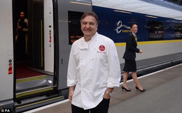 Chef Raymond Blanc who has designed the menu for business class passengers travelling on the newly launched Eurostar e320 train which was unveiled at St Pancras International Station in London this morning