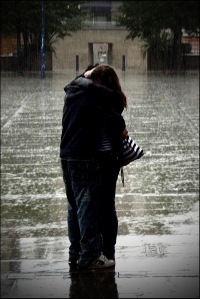 hugging in the rain
