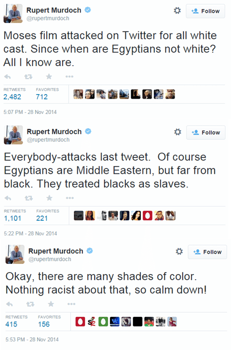 Rupert Murdoch Clumsily Attempts to Defend the Lack of Egyptian and Middle Eastern Actors in the Movie "Exodus"