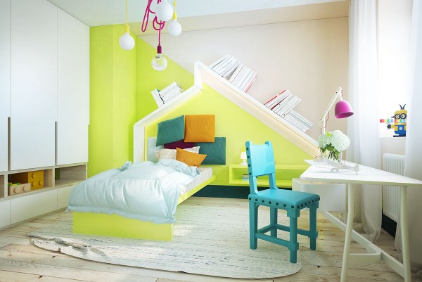 In this child's bedroom, bright colors and whimsical shapes show off the designer's sense of fun. This is a room built for play and exploration. The desk along the wall offers a canvas for creation.