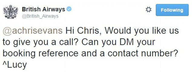 A British Airways employee responded and offered to contact Evans to resolve the situation