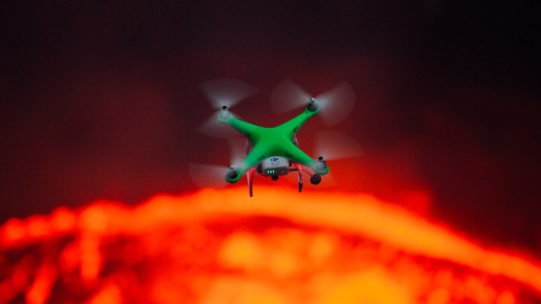 A drone hovering above the lava lake at Marum Crater. (Image: Conor Toumarkine)