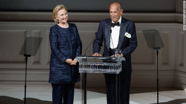 Hillary Rodham Clinton and Oscar de la Renta onstage at the 2013 CFDA Fashion Awards on June 3, 2013, in New York. De la Renta won the Founder's Award at the event. 