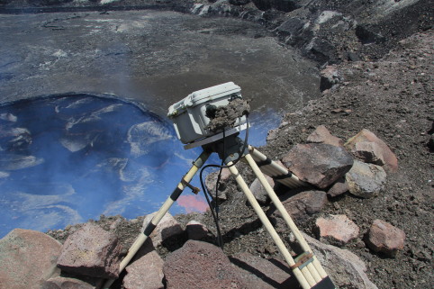 The inteprid HVO webcam looking into the Halema'uma'u lava lake, with some spatter on its cables and case (yet still operating).