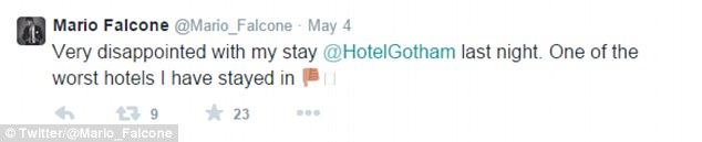 TOWIE star Mario Falcone tweeted his disappointment after a stay at the five-star Hotel Gotham