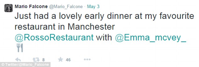 Falcone had earlier tweeted his followers that he had enjoyed his meal at Rio Ferdinand-owned Rosso Restaurant in Manchester