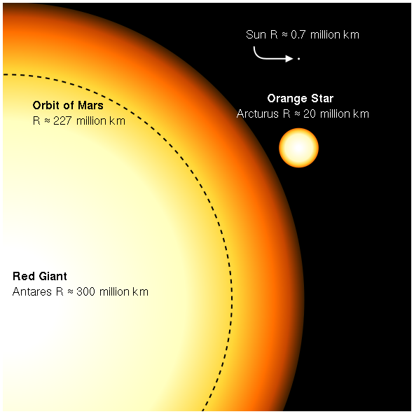 If Antares replaced the sun in our solar system, its orbit would extend beyond the orbit of the fourth planet, Mars. Here, Antares is shown in contrast to another star, Arcturus, and our sun. Image via Wikimedia Commons.
