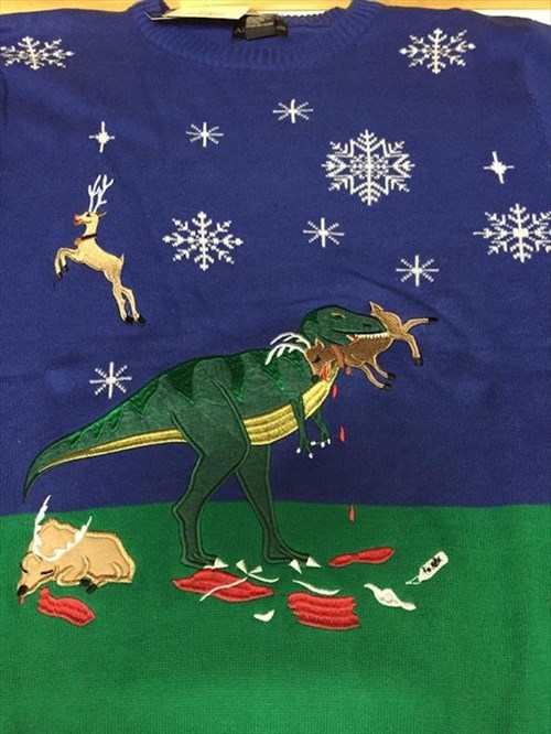christmas,poorly dressed,sweater,christmas sweaters,dinosaurs