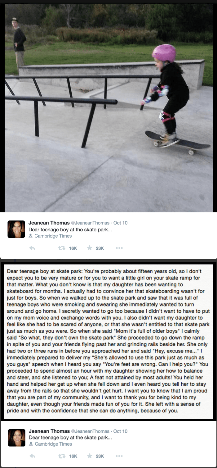 mother sends heartwarming thank you tweet to local teen that showed her daughter how to skateboard