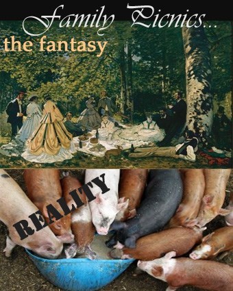classic art,family picnics,pig,expectation vs reality