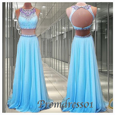 2015 ice blue chiffon two pieces prom dress