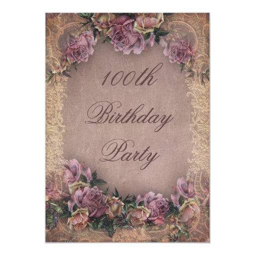 100th Birthday Romantic Vintage Roses and Lace 5x7 Paper Invitation Card