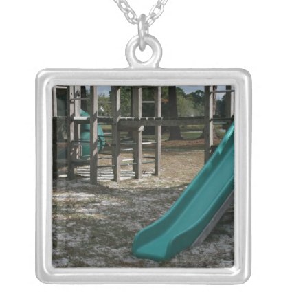 Green Playground slide, wood jungle gym Square Pendant Necklace