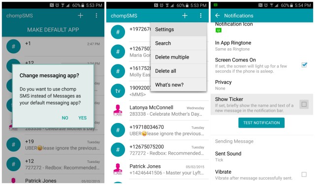 Samsung Galaxy S6 text messages notification bar Chomp SMS