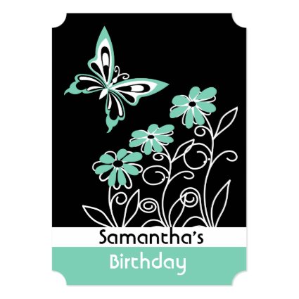 Striking Aqua Green Butterfly and Flowers 5x7 Paper Invitation Card