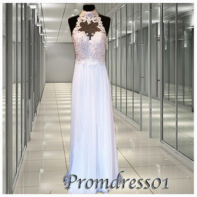 High neck lace chiffon prom dress