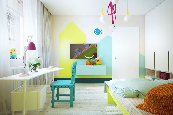 Over the bed, fuschia and yellow pendant bulbs hang down like new ideas. Whimsical shapes in bright colors decorate the opposite wall. Smart storage lines the room for toys, books, clothing, and other belongings, so there's no clutter.