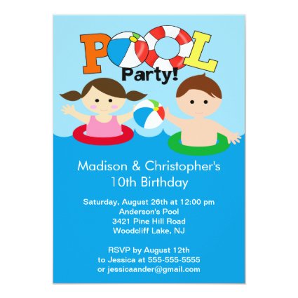 CUTE Twins Pool Party Birthday Invitation Girl Boy 5" X 7" Invitation Card