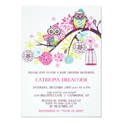 Colorful Winter Owls Floral Baby Shower Invitation