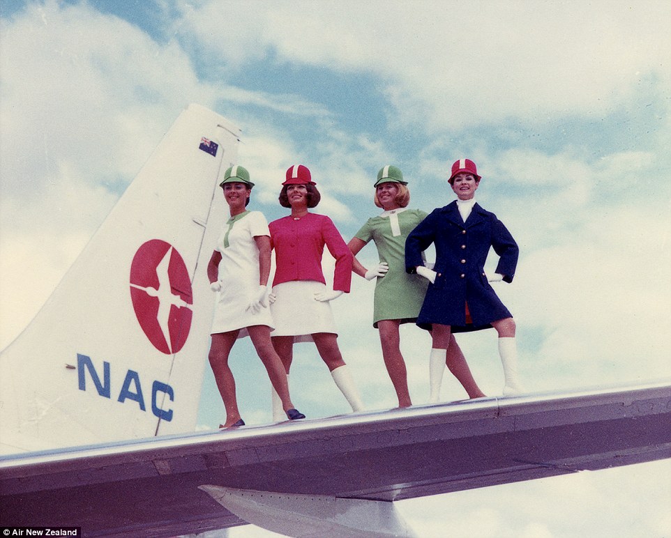 New Zealand National Airways Corporation (NAC) flight attendants model their new 'lollipop' uniforms in the 1970s