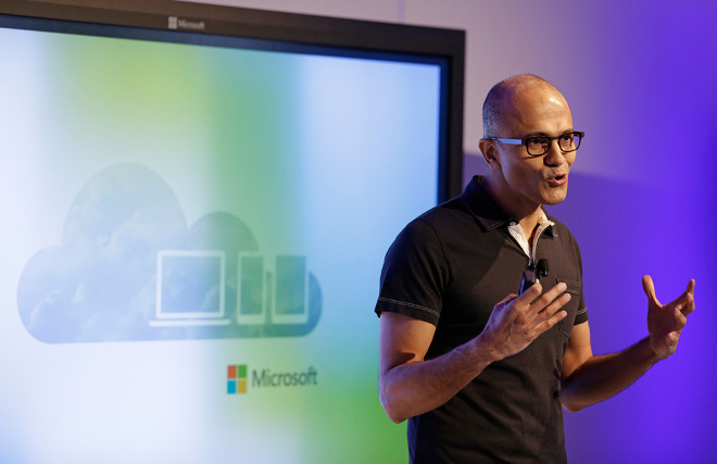 Microsoft CEO Satya Nadella gestures while speaking during a press briefing on the intersection of cloud and mobile computing on March 27, 2014, in San Francisco. 