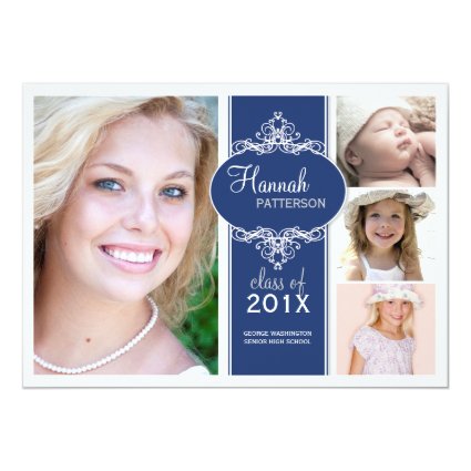 Elegant Girl 4 Photo Blue & White Graduation 5" X 7" Invitation Card