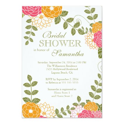 Modern Floral Zinnia & Mums Flower Bridal Shower 5x7 Paper Invitation Card