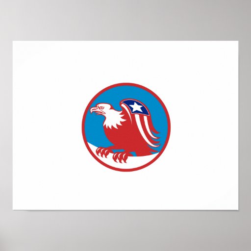 American Eagle Flag On Wing Perching Circle Retro Poster