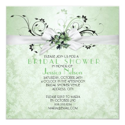 Elegant Green Floral Ribbon Damask Bridal Shower 5.25x5.25 Square Paper Invitation Card