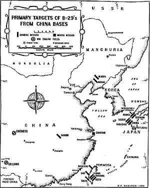 Locations of B-29 bomber bases in China and the main targets they attacked in East Asia during Operation Matterhorn