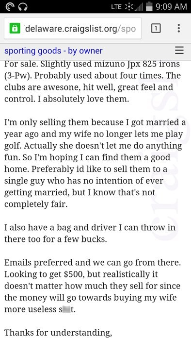 funny dating marriage For Sale: Golf Clubs by Bitter Owner
