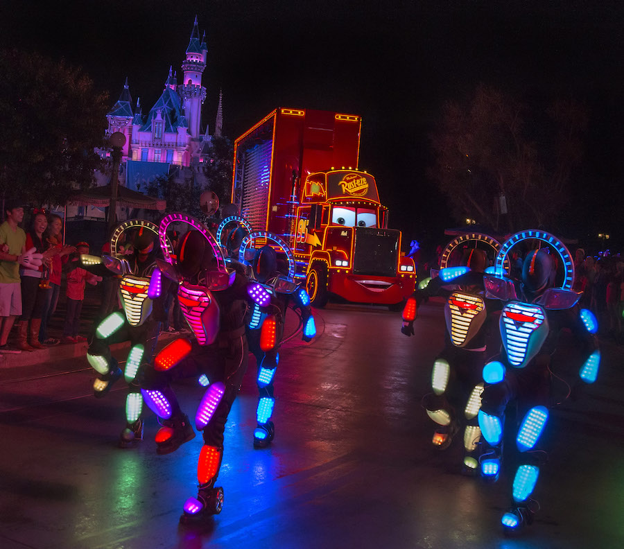 MACK AND THE CARS CREW in the 'PAINT THE NIGHT' Parade at Disneyland Park