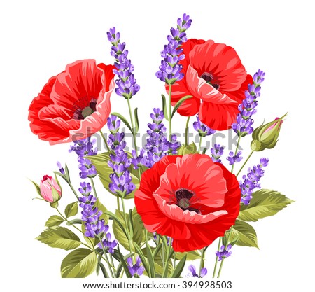 I love you card. Bunch of lavender and poppy flowers on a gray background. Lavender and poppy card for paper, label and other printing or web projects. Label with poppy flowers. Vector illustration.