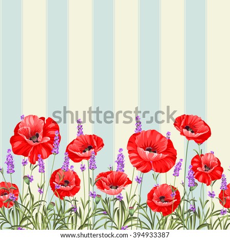 Pattern of poppy flowers over white background. Luxurious color poppy flowers background for a vintage label design. Vector illustration.
