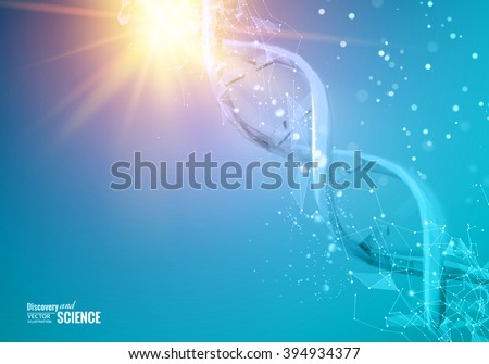 Science illustration of a DNA molecule. Blue background with DNA. DNA molecules of polygons. Vector illustration.