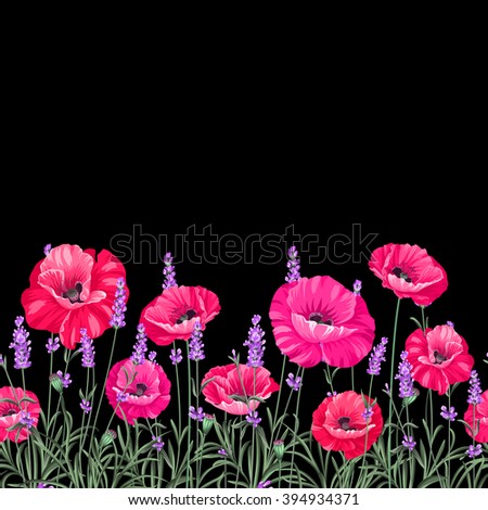 Pattern of poppy flowers over black background. Luxurious color poppy flowers. Textile for a vintage label design. Vector illustration.