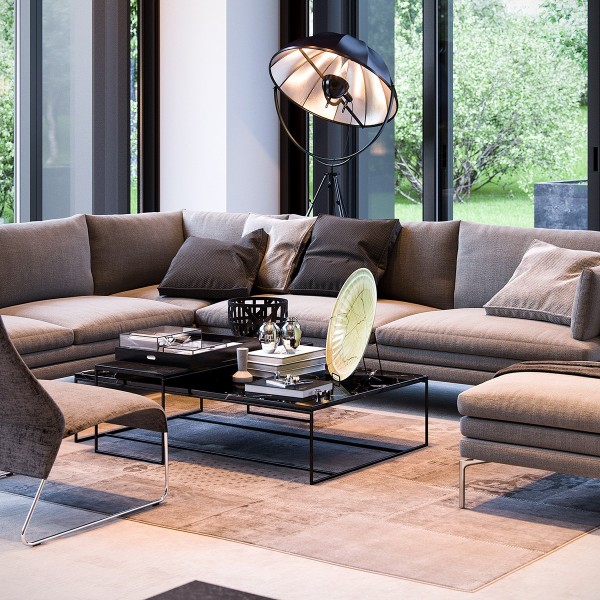 This next home – a fantastic interior by Double Aye – represents a completely different style from the Scandinavian home above. It's more of a sleek and modernist concept, with lots of glossy black and luxury materials.