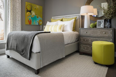 yellow green accents, gray bedroom, texture 